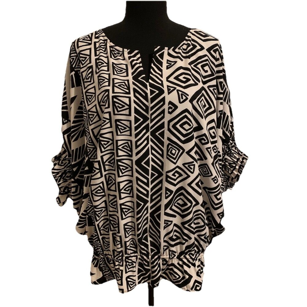 Chicos Size 1 Womens Medium Top Black White Dolman Sleeve Elastic Waist